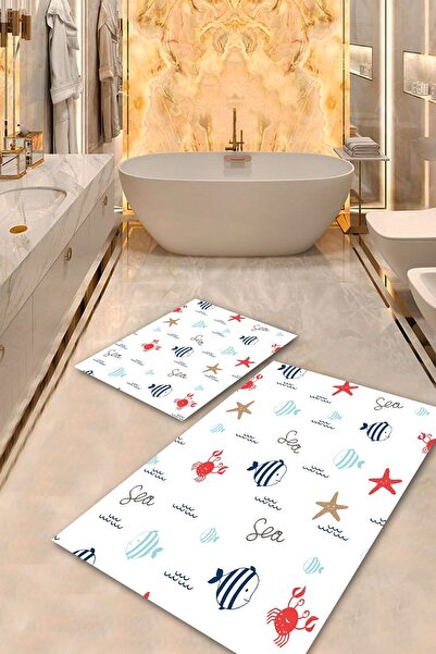 Aldora Σετ πατάκι μπάνιου με θέμα θάλασσας με λευκή αντιολισθητική βάση BPS-8577