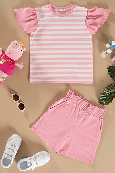 for you kids Set de tricou și pantaloni scurți cu volan în dungi roz
