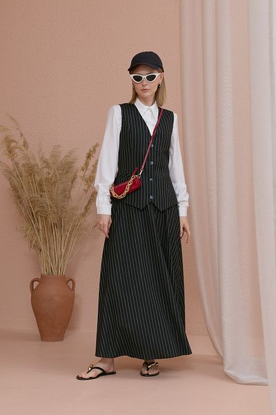 Fatma Atasoy Striped Cotton Black Vest Skirt Set