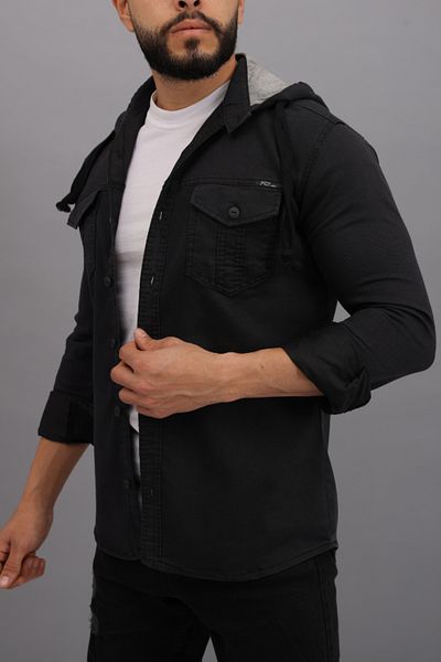 YXC Trend Maker Men's Black Slim Fit Slim Fit Hooded Denim Shirt