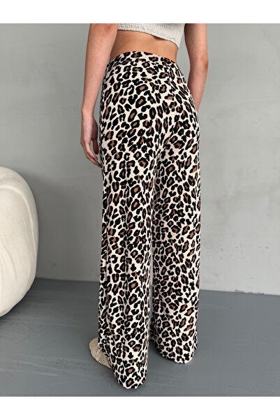 alanora Women's High Waist Leopard Print Buckle Detailed Palazzo Trousers