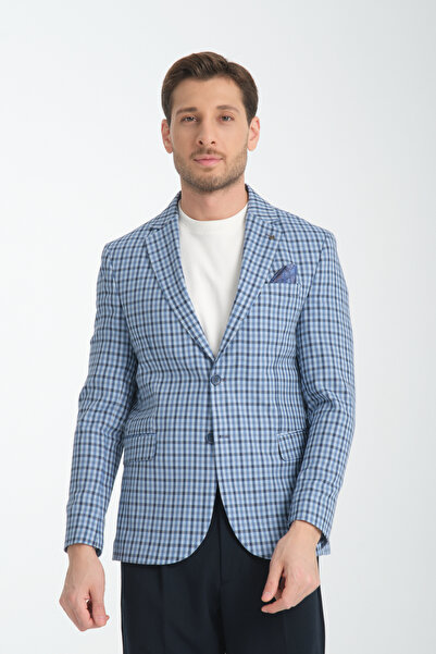 Frappoli Assente Erkek Lacivert - Mavi Keten Görünümlü Ekose Slim Fit Mono Yaka Spor Blazer Ceket