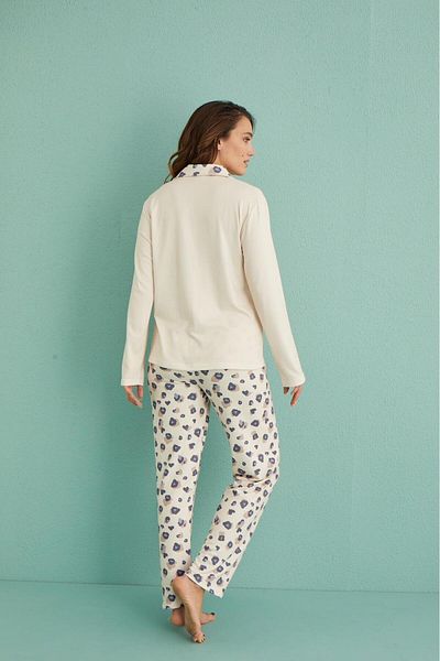 Elit Winter Thermal Pajamas Set - Front Button, Ecru-Leopard Gift, Dowry