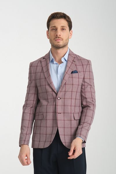 Frappoli Ανδρικό μπλέιζερ Medardo με μπορντό καρό Slim Fit Slim Fit Mono Collar Sports Blazer