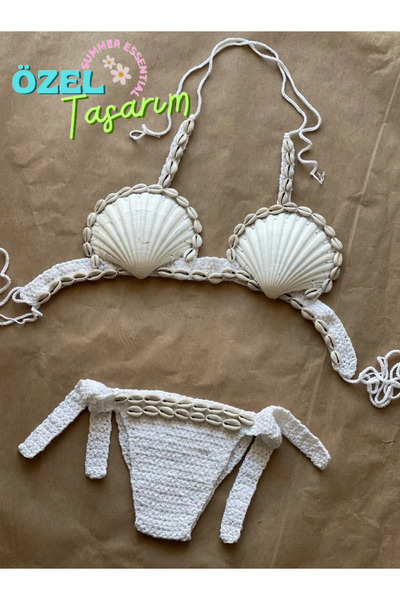 scyllastore Nora El Yapımı Doğal Deniz Kabuklu Ayarlanabilir Örgü Bikini Takımı