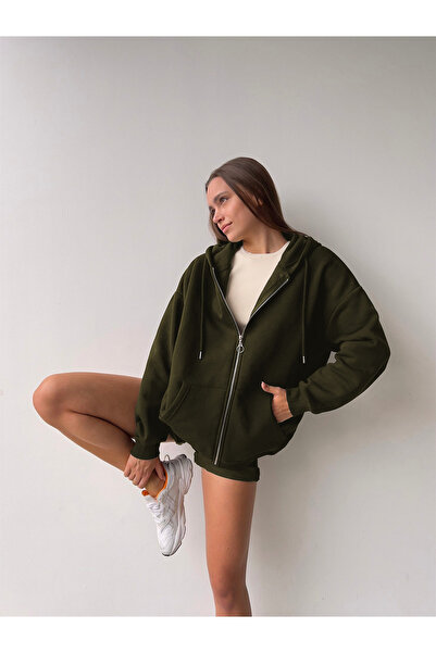 YAKAMEL Kadın Haki Bol Salaş Basic Model Baskısız Hırka