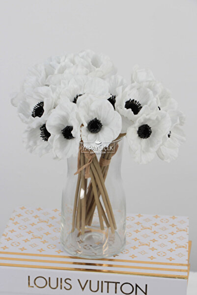 Yapay Çiçek Deposu Изкуствени цветя Луксозен мокър букет от 6 анемони 25 см Бял