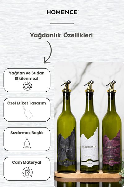 homence 3-Label Olive Oil and Sunflower Oil - 750ml Glass Oil Pot Vinegar Bottle with Wooden Stand