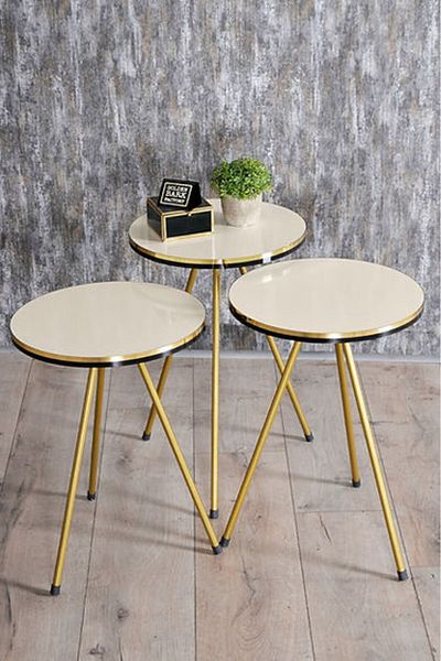Golden Bark 3 Piece Side Tables for Coffee and Tea Suitable for Office and Bedroom (Beige/Gold)