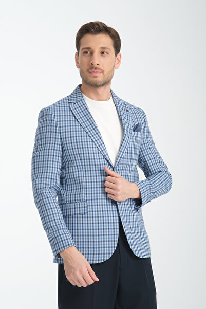 Frappoli Assente Erkek Lacivert - Mavi Keten Görünümlü Ekose Slim Fit Mono Yaka Spor Blazer Ceket