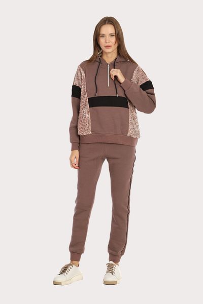Piyera Women's Brown 3 Thread Zippered Hooded Sequin Sequin Embroidered Elastic Leg Tracksuit Set - 5203