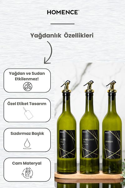 homence 3-Piece Gold Label Olive Oil and Sunflower Oil with Wooden Stand - 750ml Glass Oil Pot Vinegar