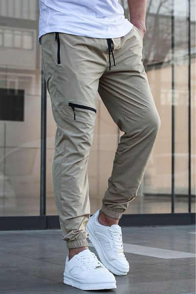 Madmext Beige Fallschirm-Jogginghose mit detailliertem Reißverschluss und Reißverschluss