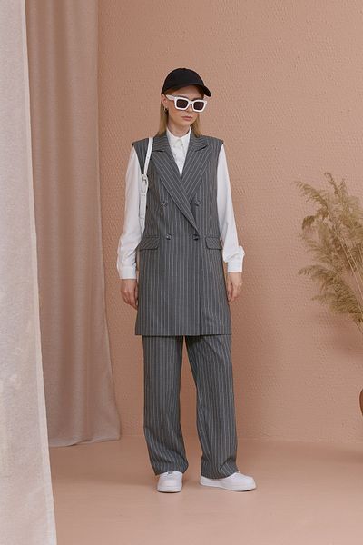 Fatma Atasoy Striped Cotton Palazzo Gray Vest