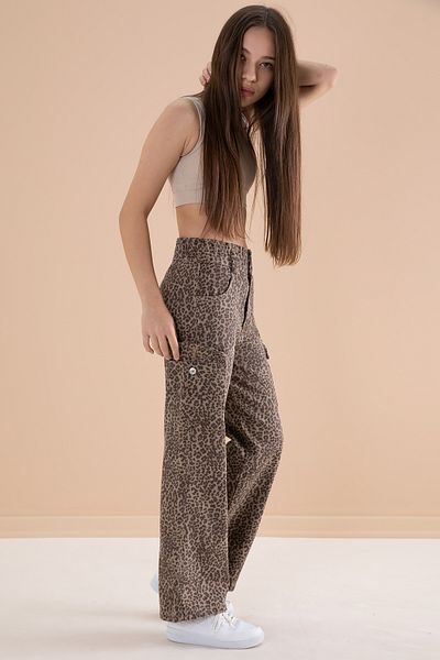 Cansın Mini Pantaloni blugi pentru fete cu picior lat maro cu imprimeu leopard - 20143