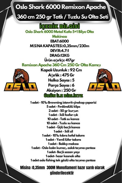 Oslo Shark 6000 Remixon Apache 360cm 250gr Tatlı/Tuzlu Su Olta Seti