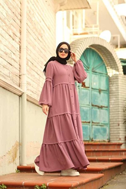 Neways 6549-Krep Düğmeli Büzgülü Ferace Gül Kurusu