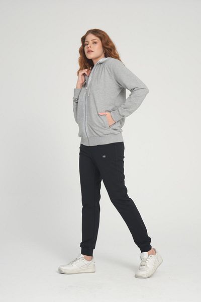 Piyera Gray Melange Women's Tracksuit Set - Zippered Sweatshirt, Pocket and Elastic Leg Hoodie - 7408