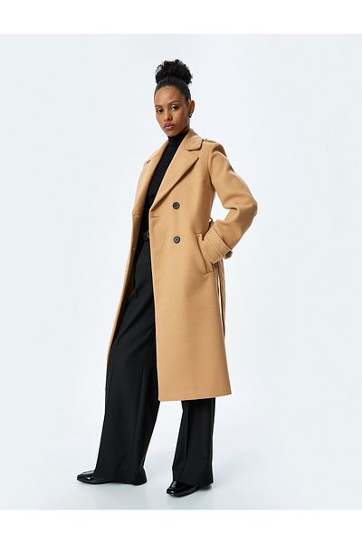 Koton Pocketed Buttoned Double Breasted Belt Detailed Long Stamp Coat