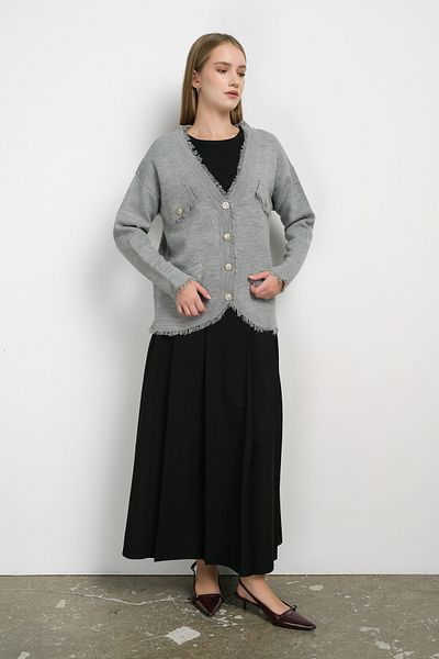 Fatma Atasoy Tasseled V-Neck Gray Knitwear Cardigan