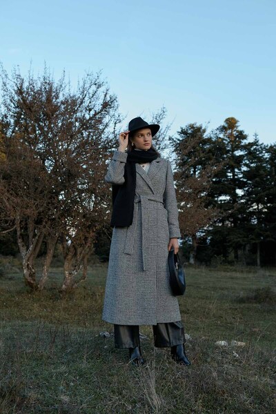 Fatma Atasoy Plaid Belted Coat Black-White
