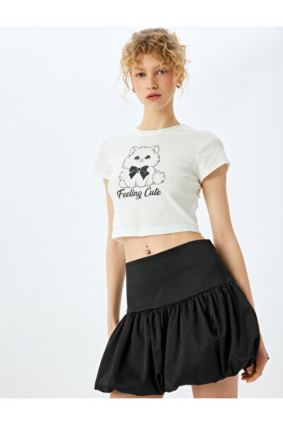 Koton Μπλουζάκι με στάμπα Cat Print, Crop Crew Neck, Slim Fit