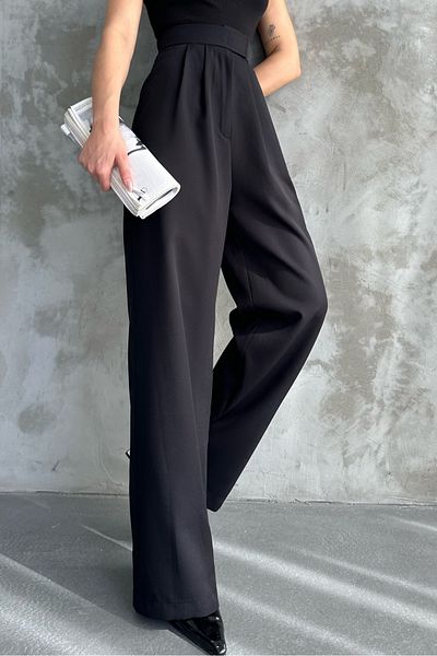 macharel jeans WOMEN'S HIGH WAIST CLOSURE VELCHET DETAIL WIDE LEG PANTS
