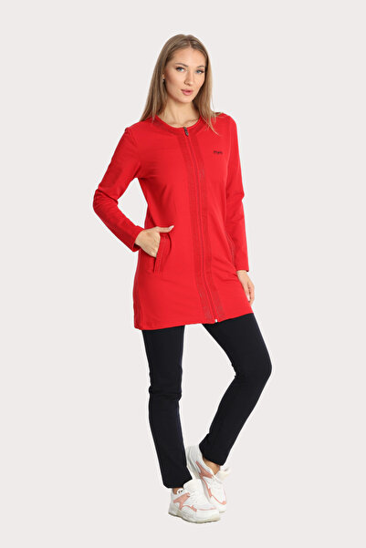 Piyera Kadın Kırmızı İki İplik Kumaş Cepli Bisiklet Yaka Taşlı Boncuklu Fermuarlı Tunik Takım - 7461