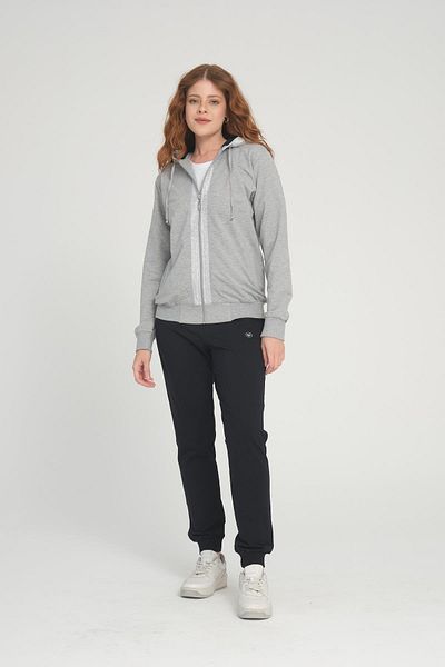 Piyera Gray Melange Women's Tracksuit Set - Zippered Sweatshirt, Pocket and Elastic Leg Hoodie - 7408