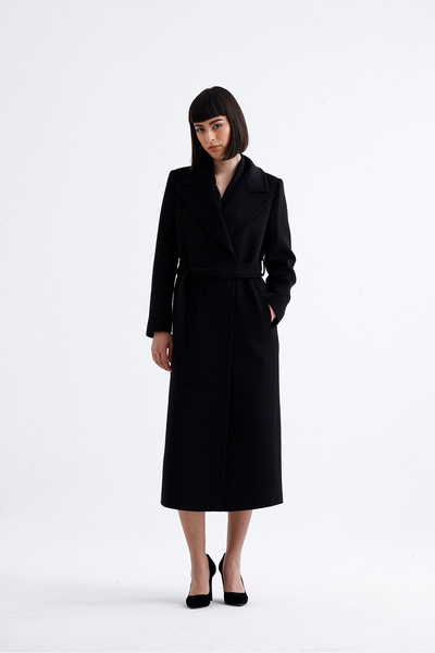 PEARL Kruvaze Yaka Kuşaklı Siyah Uzun Kaşe Kadın Kaban - Şık ve Sıcak Tasarım...