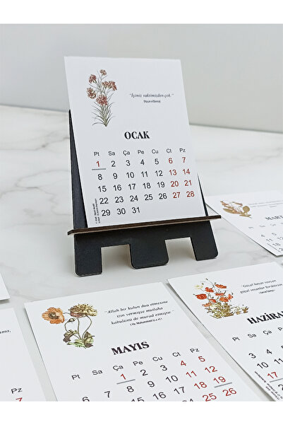TasarıMarketi 2025 Yılı Ahşap Ayaklı Çiçekli Özlü Sözlü Minimal Masa Takvimi A6 Boyutlu