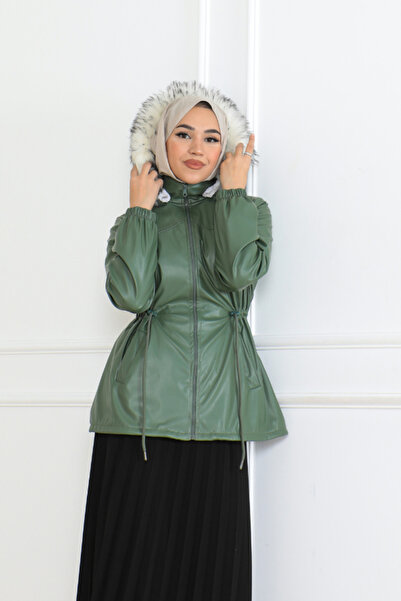 BURCU TESETTÜR Bel Büzgülü Fermuarlı Kapüşonlu Tesettür Deri Mont -BRC6262