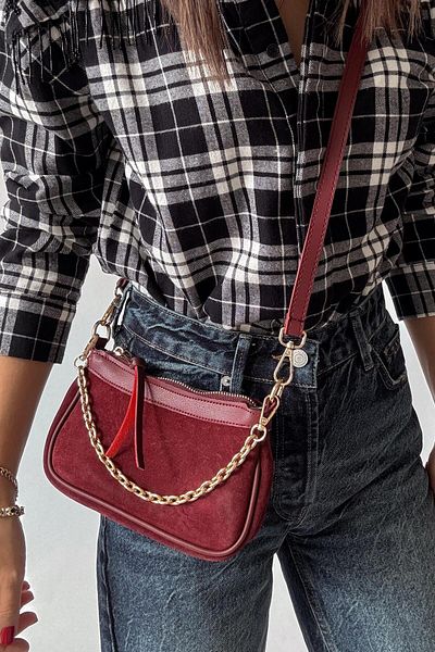 nope21shoess Geantă din piele intoarsa autentica burgundy cu detaliu lant