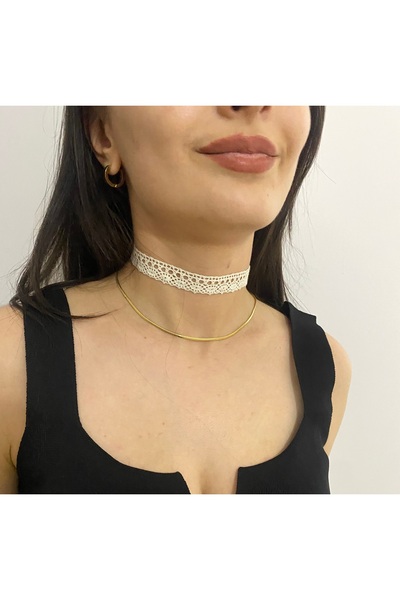 SmY Bag Cream Color Lace Choker - Metal Detailed Design