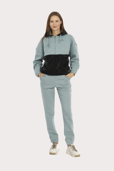 Piyera Kadın Mavi 3 İplik Yakası Fermuarlı Kapüşonlu Damla Desenli Paçası Lastikli Eşofman Takımı - 5204