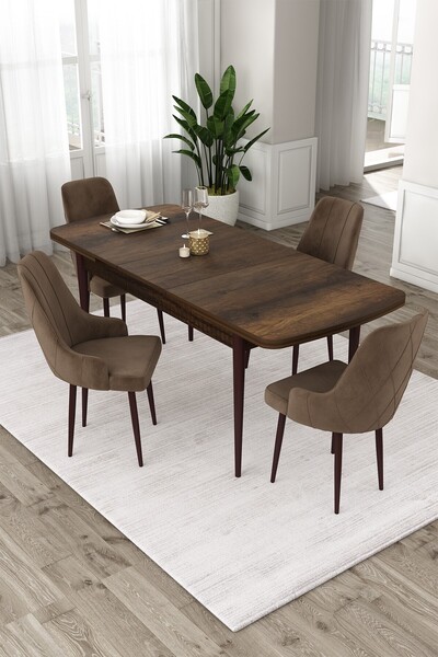 Canisa Eta Serisi Barok Ahşap Desenli Açılabilir 80x132 Mdf Masa 4 Kahve Sand...
