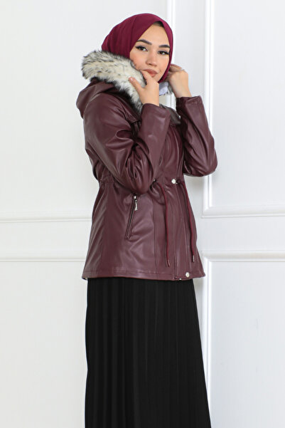 BurcuFashion Belden Bağcık, Yan cep Fermuar detaylı  Kapşonulu Kısa Deri Mont...