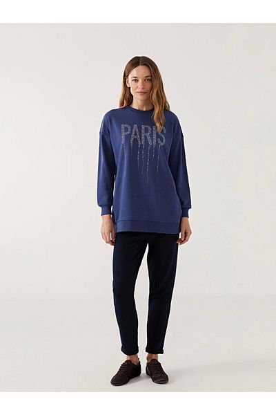 LC Waikiki Lcw Modest Navy Blue Crew Neck Shiny Rhinestone Women's Sweatshirt Tunic