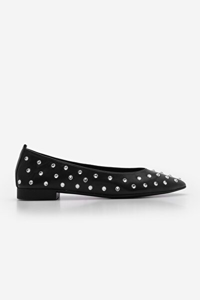 Marjin Black Pointed Toe Stoned Women's Ballerina Serga