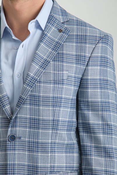 Frappoli Uche Erkek Mavi Ekose Desenli Slim Fit Mono Yaka Blazer Ceket