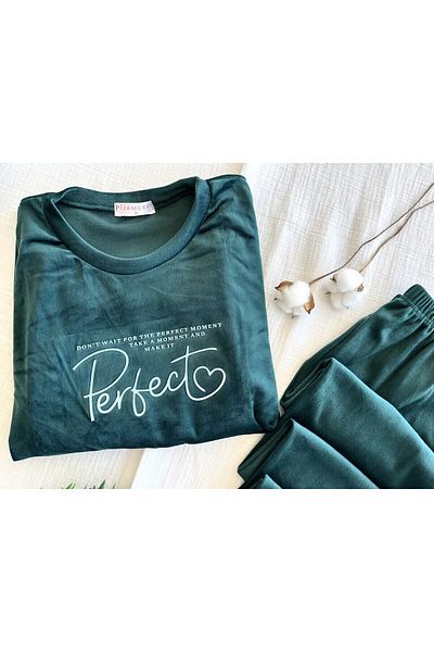 belse butik Set de pijamale pentru femei din catifea exclusivă cu model verde - Pijamerry