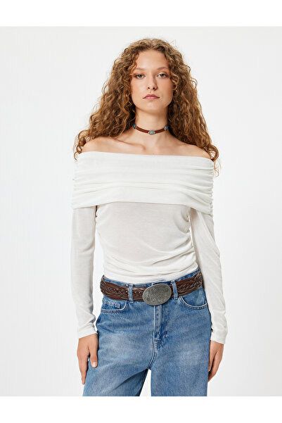 Koton Μακρυμάνικο μπλουζάκι με γιακά Madonna με μακρυμάνικο ντραπέ, μείγμα βισκόζης