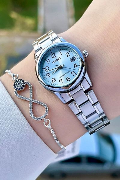 Casio Silver Color Calendar Women's Wristwatch with Blue Cord