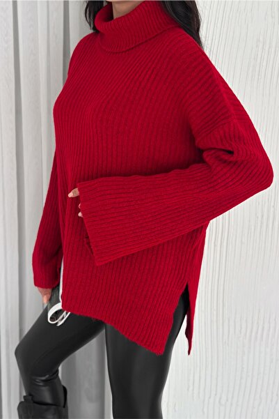 FEMELLE Women's Red Standard Size Basic High Top Oversize Knitwear Sweater