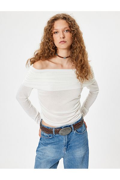 Koton Madonna Collar Off-The-Shoulder T-Shirt Long Sleeve Draped Slim Fit Viscose Blend