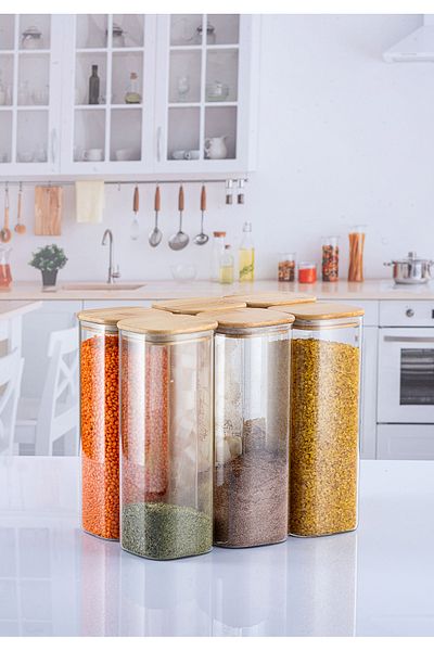 Lizzy 6 Pcs 1000 ml Square Luxury Pulses Set with Bamboo Lid