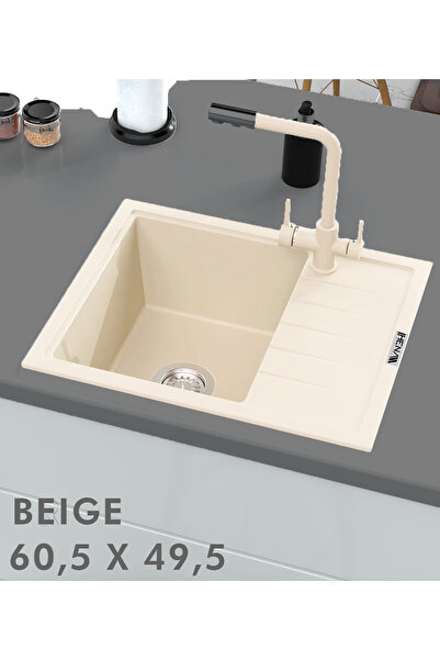 HENASURFACE Granit Eviye 1 Gözlü Damlalıklı Bej 60x50 Granit Evye Kuvars