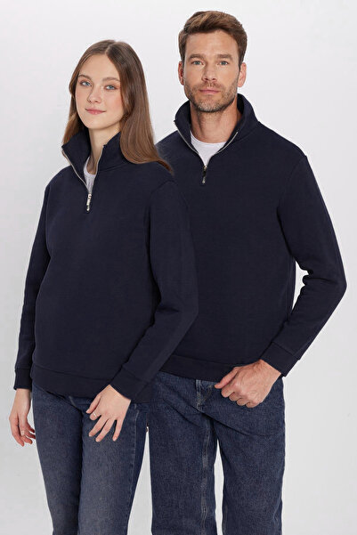 Tudors Φούτερ Unisex Relax Fit Relaxed Cotton Fleece Εσωτερικό με μισό φερμουάρ Μπλε μπλέ φούτερ με γιακά