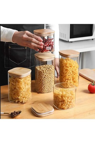 Lizzy 3 Pcs 1000 ml Square Luxury Pulses Set with Bamboo Lid
