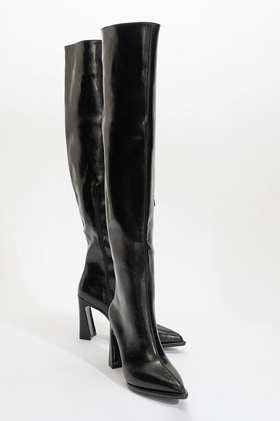 LuviShoes Γυναικείες μπότες πάνω από το γόνατο LEPA Μαύρο δέρμα με χοντρό τακούνι